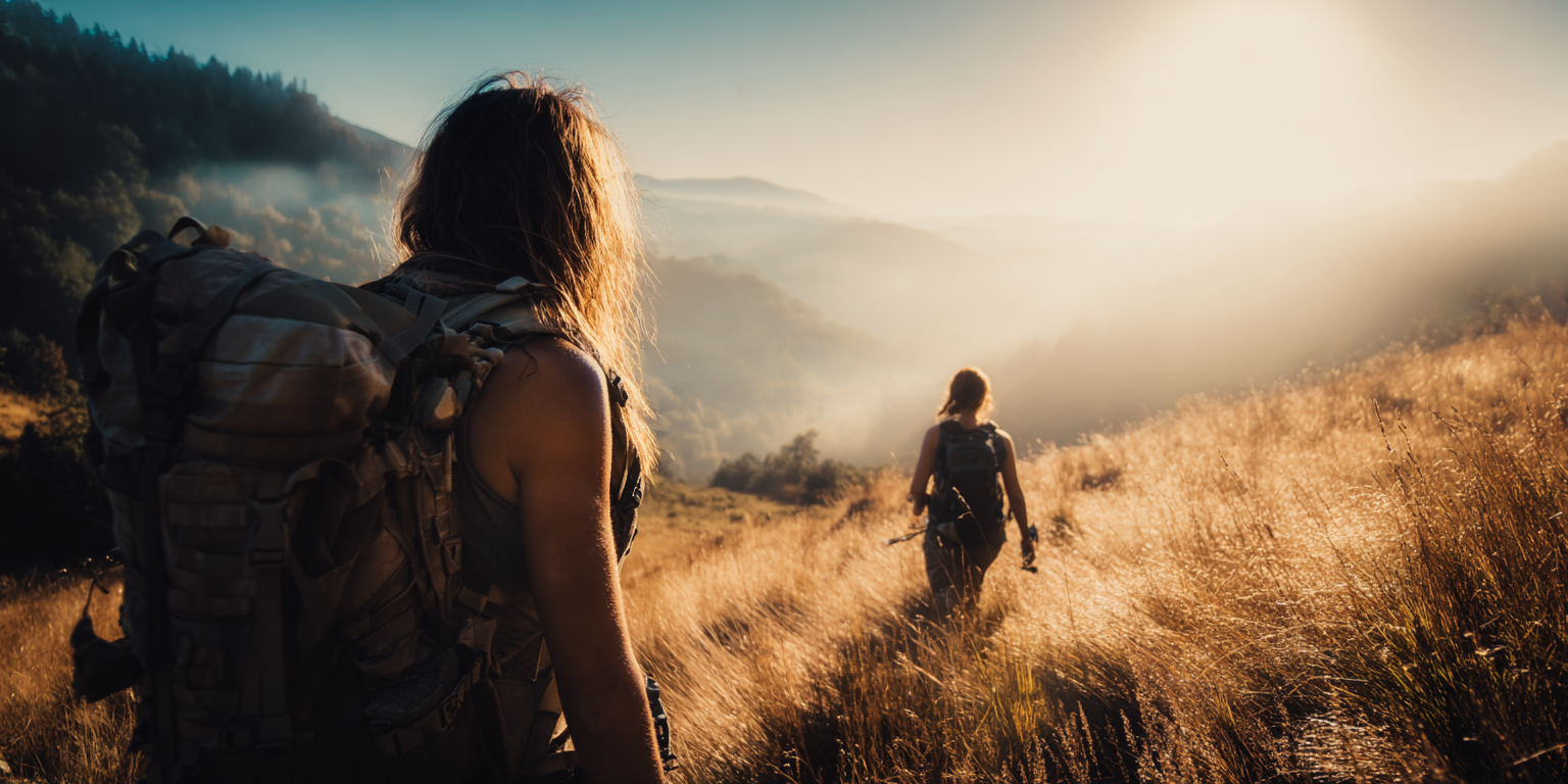 Two women with backpacks hiking through a golden grassy field at sunrise or sunset, with mountain ranges in the background.