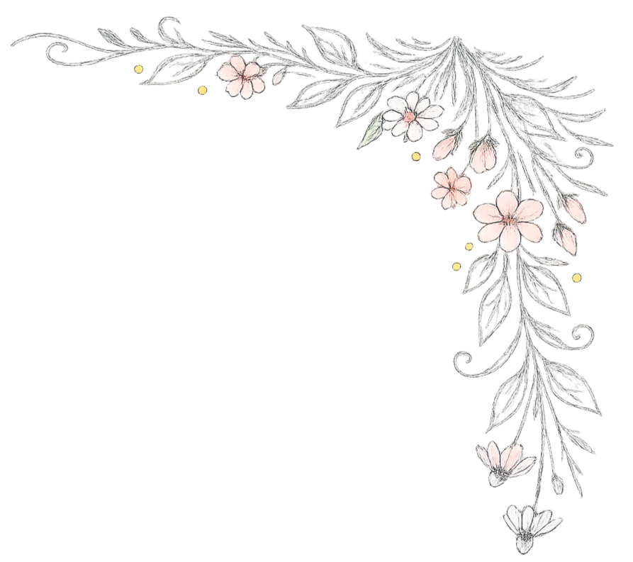Decorative floral border with pink flowers and green leaves on a silver vine pattern.