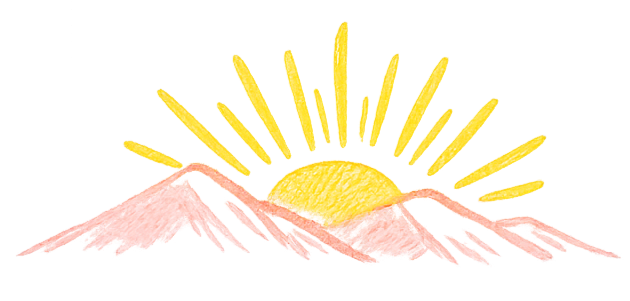 A stylized illustration of a sunrise over pink mountains with yellow rays emanating from the sun.