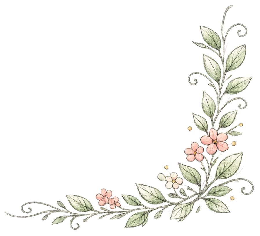 Decorative corner border with pink and white flowers, green leaves, and swirling vine designs.