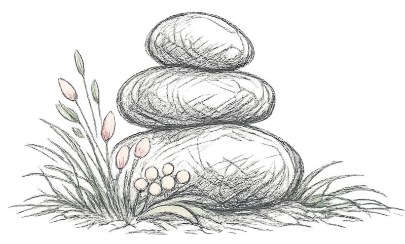 Decorative illustration of stacked stones with plants and eggs on a natural base.