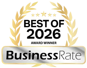Award badge with gold laurel wreath, text "Best of 2026 Award Winner" and "Business Rate"