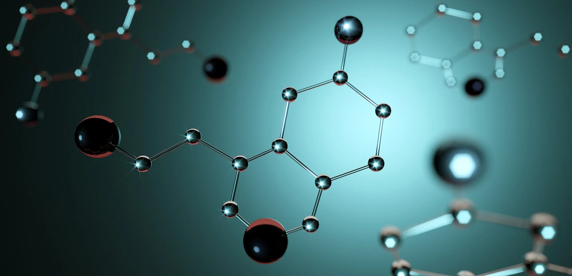 Close-up of a digital 3D molecular model with black and gray spheres interconnected by thin lines, set against a teal background.