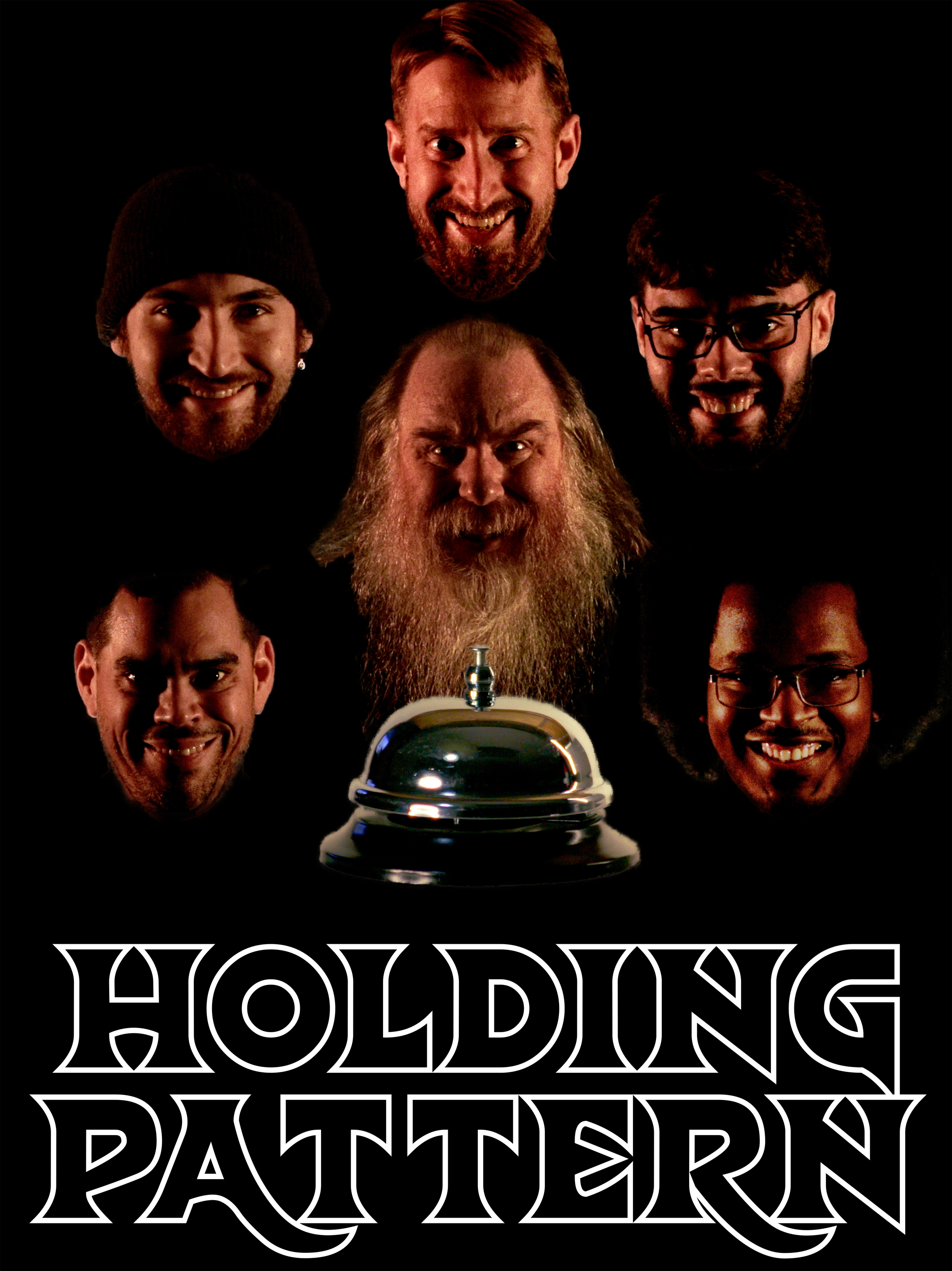 Seven men with varied hairstyles and facial hair, smiling, surrounding a shiny silver service bell, with the words 'Holding Pattern' in stylized white font at the bottom.