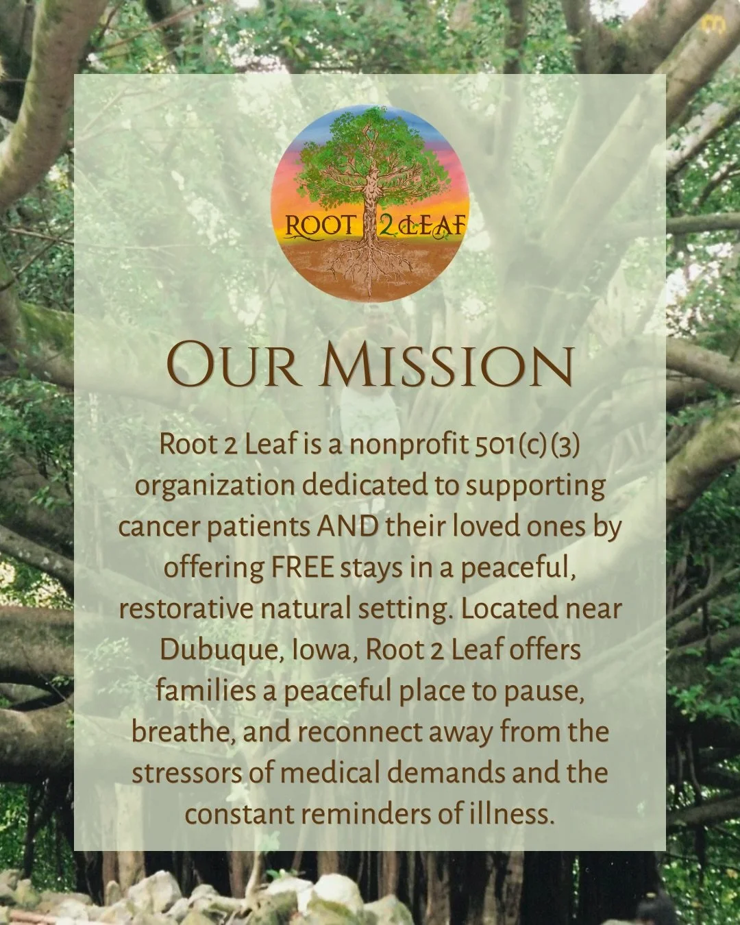 In every rustle of the leaves and every moment of quiet reflection, we honor the memory of Rick Hoerner. His spirit is the foundation of Root 2 Leaf, a 501(c)(3) nonprofit born from the belief that nature has a unique power to soothe the soul. Rick&r