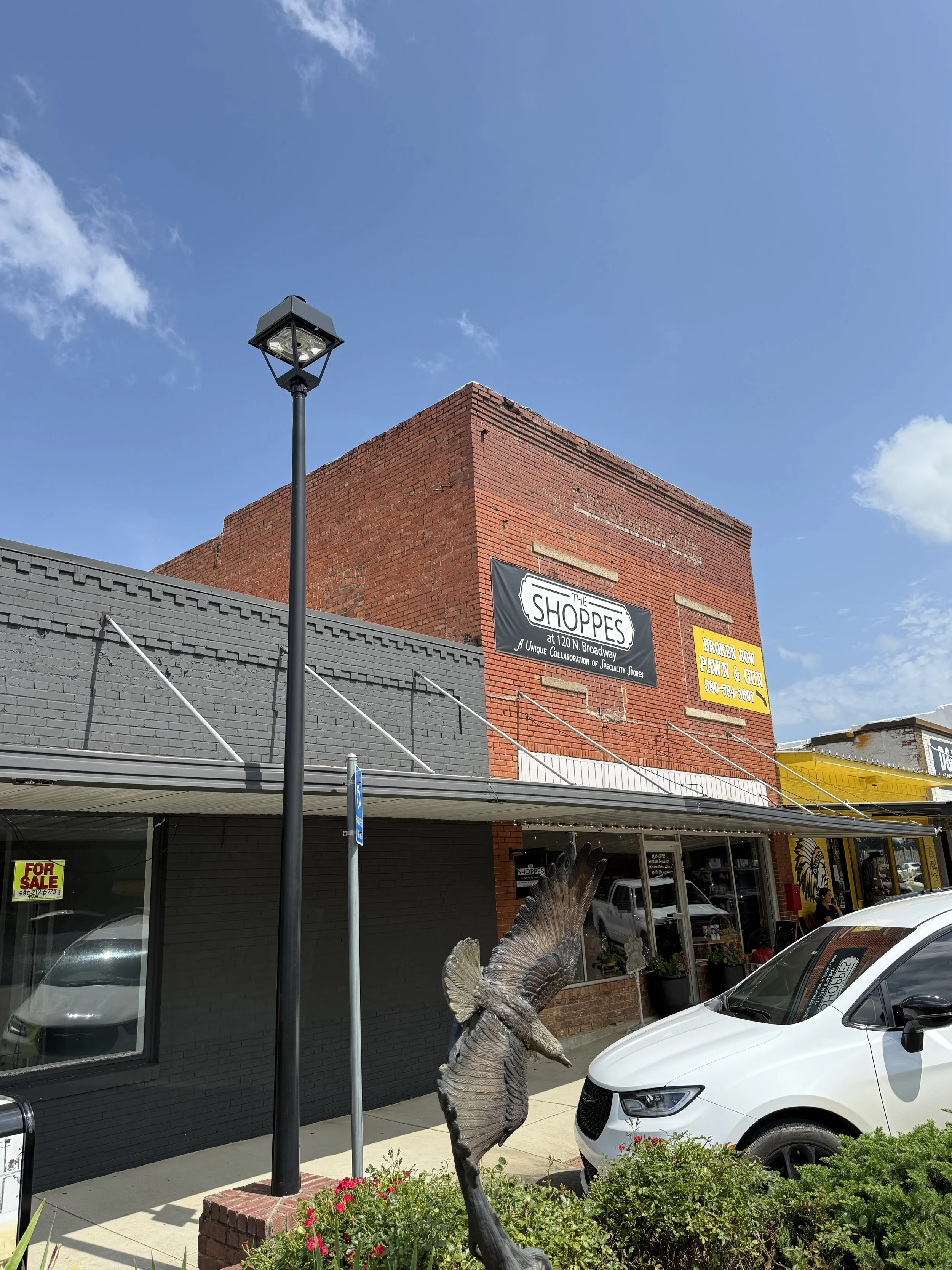 Street view of a small shopping area with a brick building, a black and white sign that reads "The Shoppes," and a yellow sign advertising a pawn and gun shop. A bird sculpture is in the foreground, and a white car is parked nearby. There are flowers and greenery along the sidewalk.
