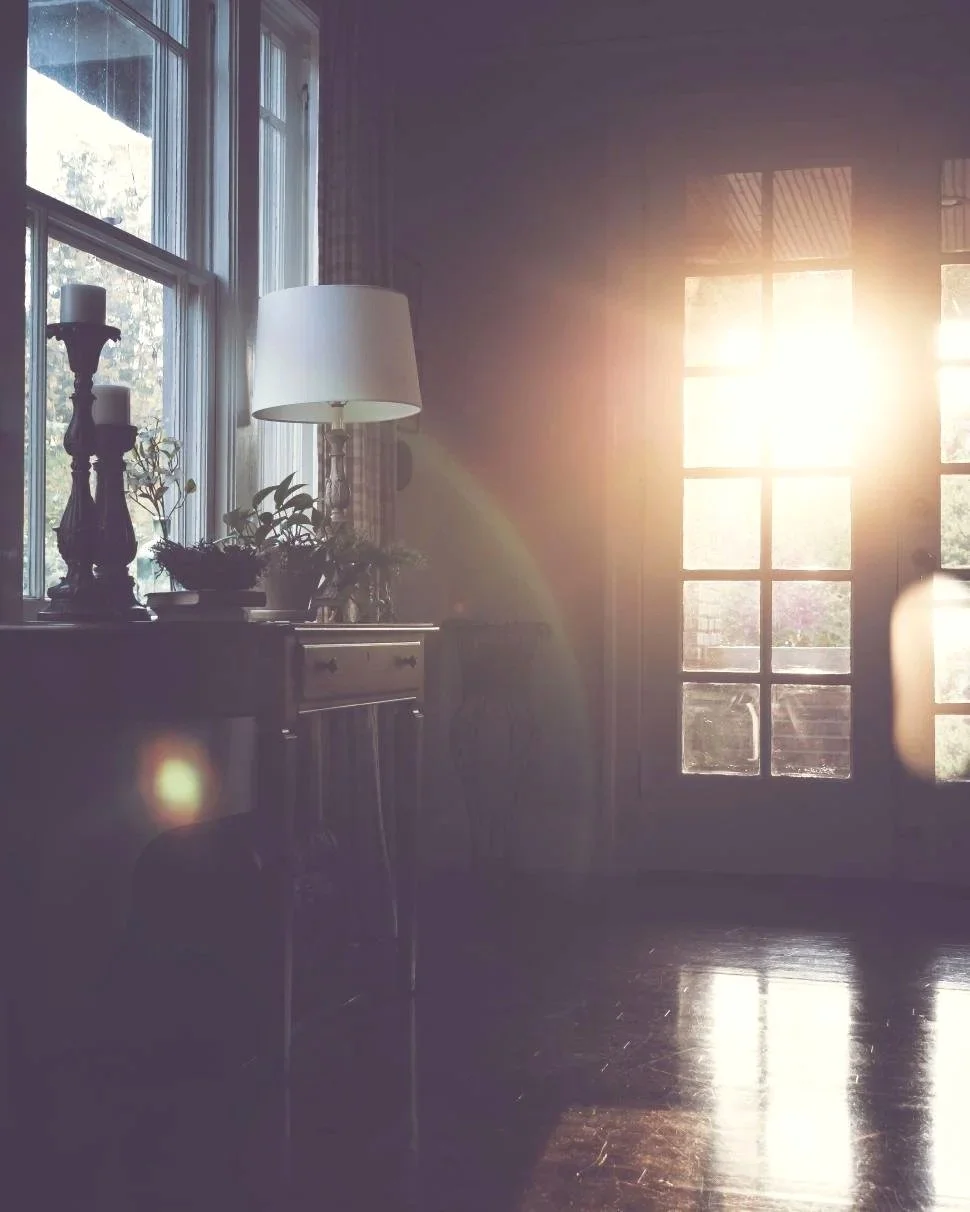 Sunlight streaming through a glass door into a cozy living room, with a dresser, table lamp, plants, and candlesticks near a window.
