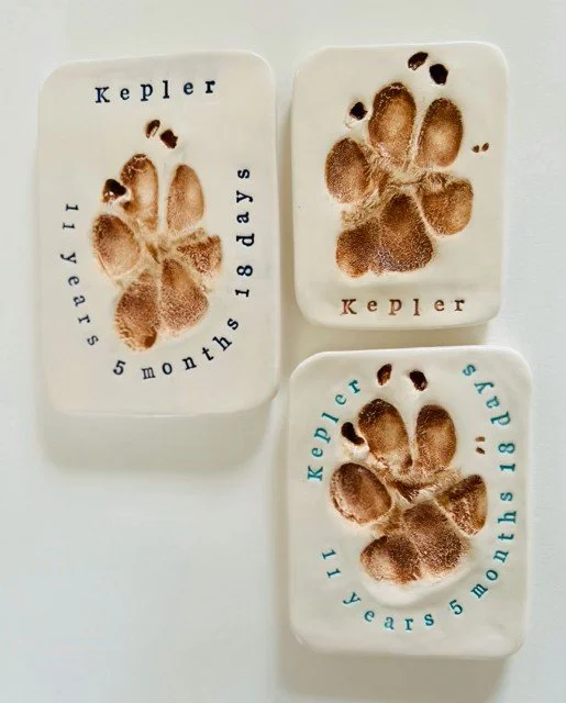 Three glazed paperweights with dog paw prints and stamps commemorating Kepler's age milestones at 15 years.