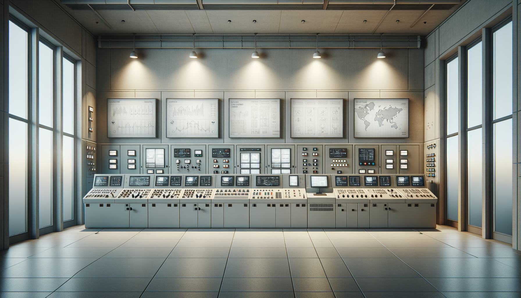 Salle de contrôle avec plusieurs écrans, tableaux de bord et panneaux de commande, dans un espace éclairé par la lumière naturelle venant de grandes fenêtres.