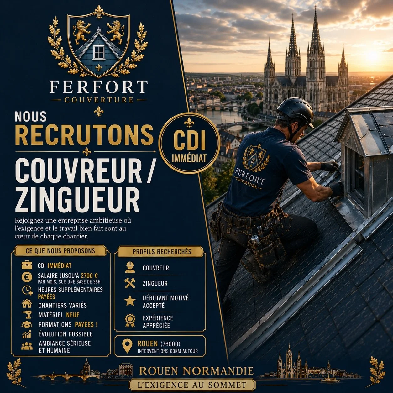 On recrute ! 🔥 
Ferfort Couverture - nouvelle entreprise en pleine croissance - recherche un couvreur/zingueur en CDI a Rouen. 

Nous valorisons avant tout:
✅ Le go&ucirc;t du travail bien fait
✅ La fiert&eacute; du m&eacute;tier
✅ L'envie d'&eacute