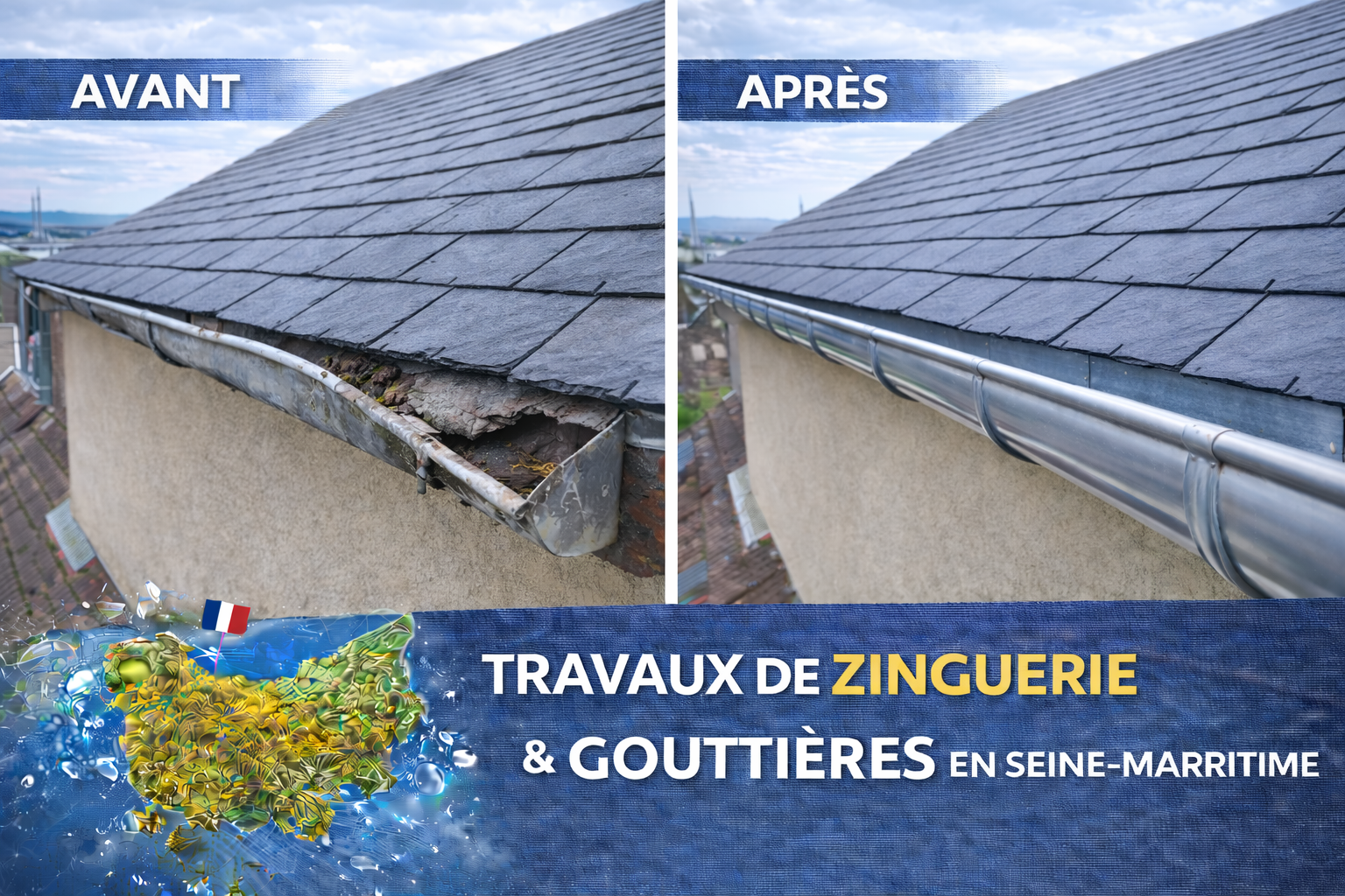 Toiture Ardoise avec une gouttière endommagée à gauche et après réparée à droite