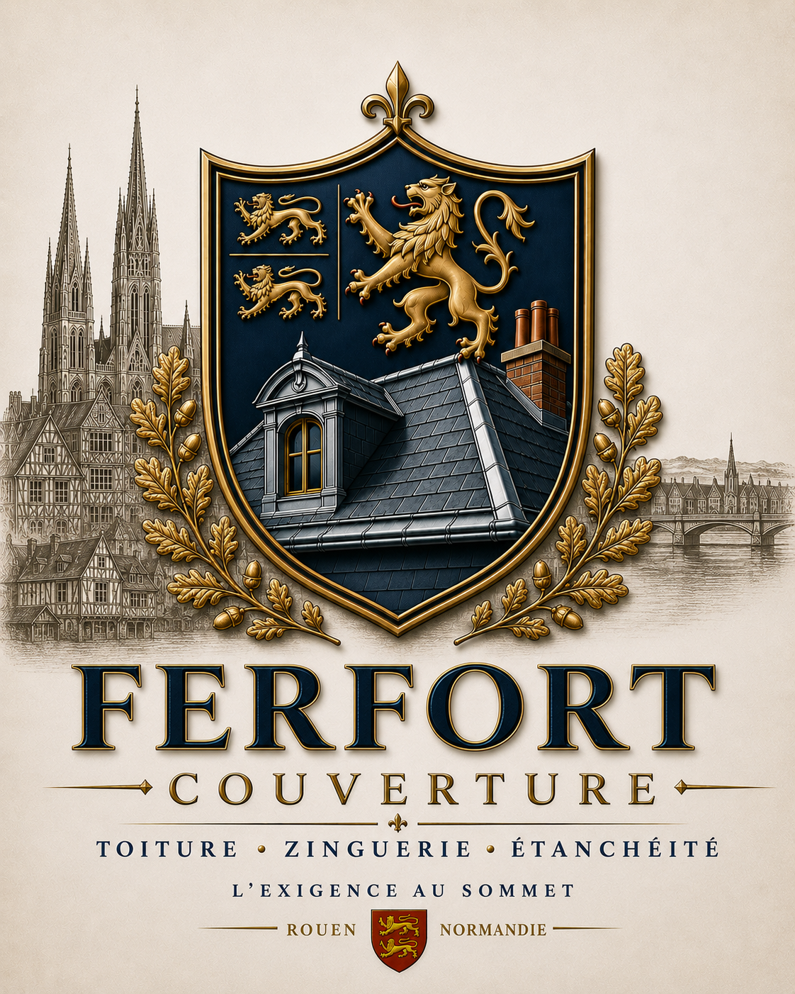 Blason, león de normandie, rouen en fond, ferfort couverture logo