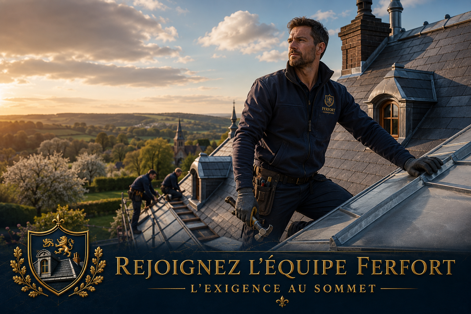 Une équipe de couvreurs travaillant sur un toit en pente lors du coucher du soleil, avec un paysage rural en arrière-plan et un logo de l'entreprise Ferfort dans la partie inférieure de l'image, accompagnée du texte "Rejoignez l'équipe Ferfort - l'exigence au sommet".