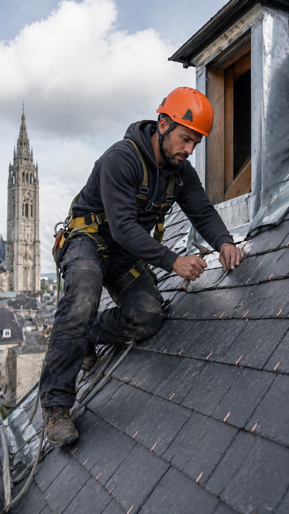 Couvreur, casque orange, harnais de sécurité sur un toit en ardoise a Rouen, normandie.