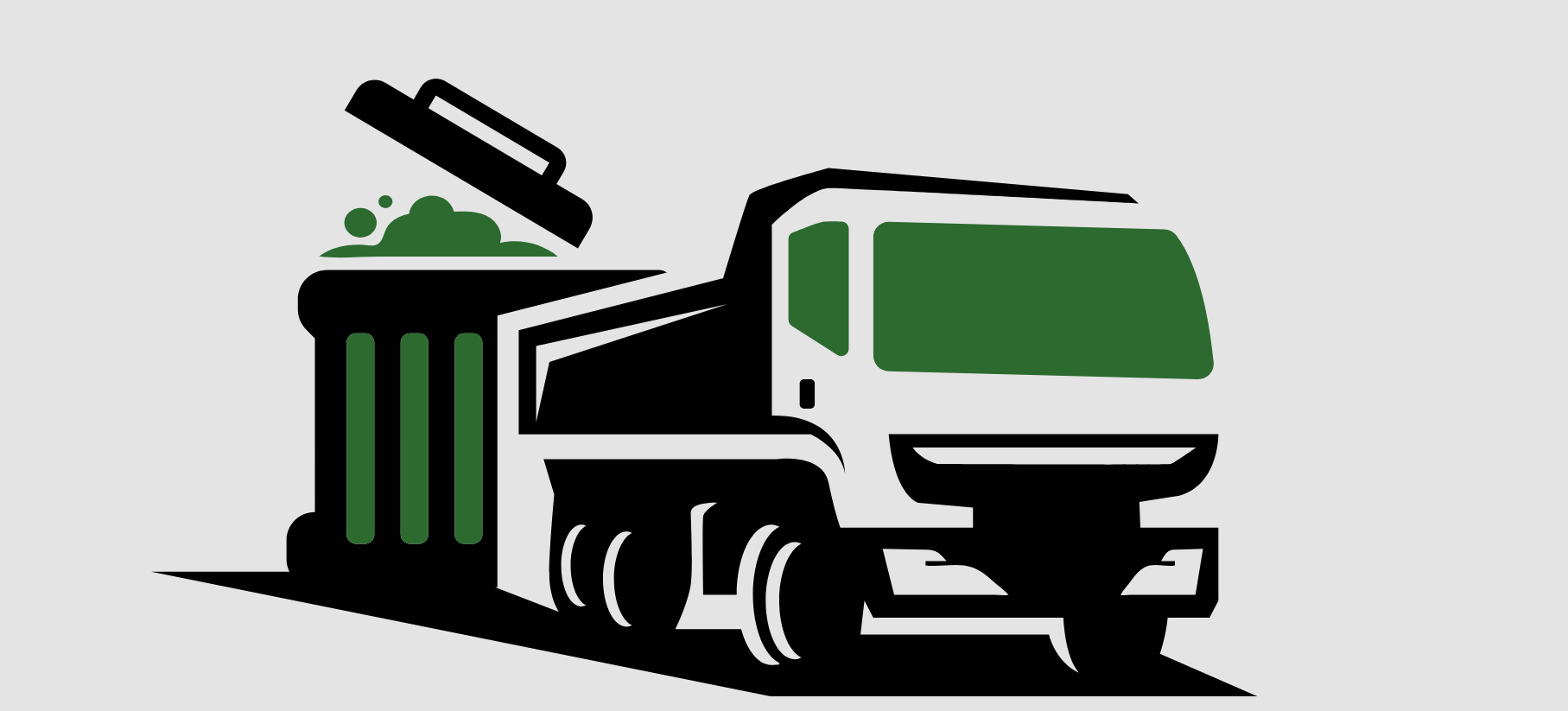 Illustration of a trash truck with an open hopper dumping green waste into a trash bin.