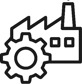 Outline of a factory building with a gear icon in front of it.