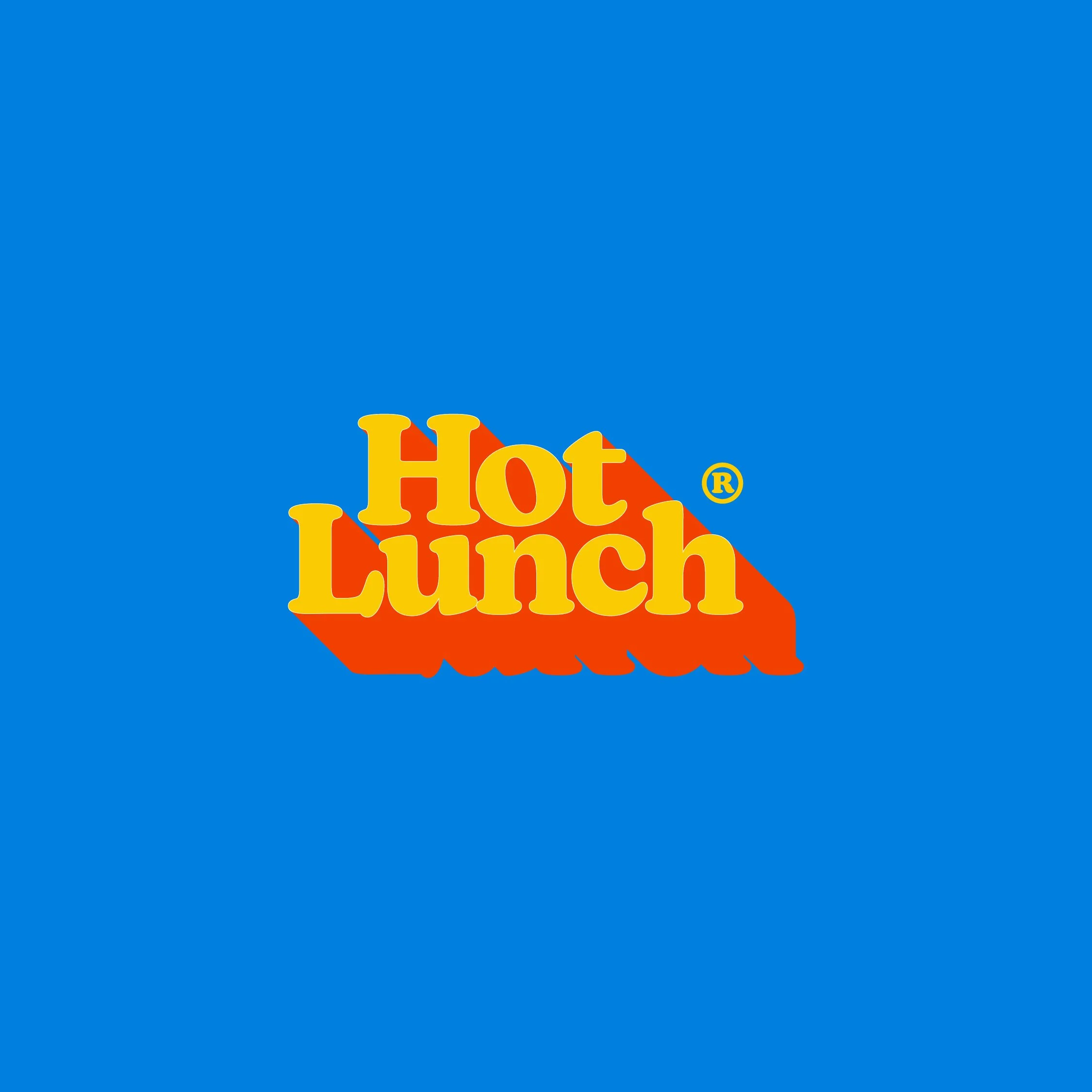 Hot Lunch logo with yellow text on a red and orange background, set against a blue backdrop.
