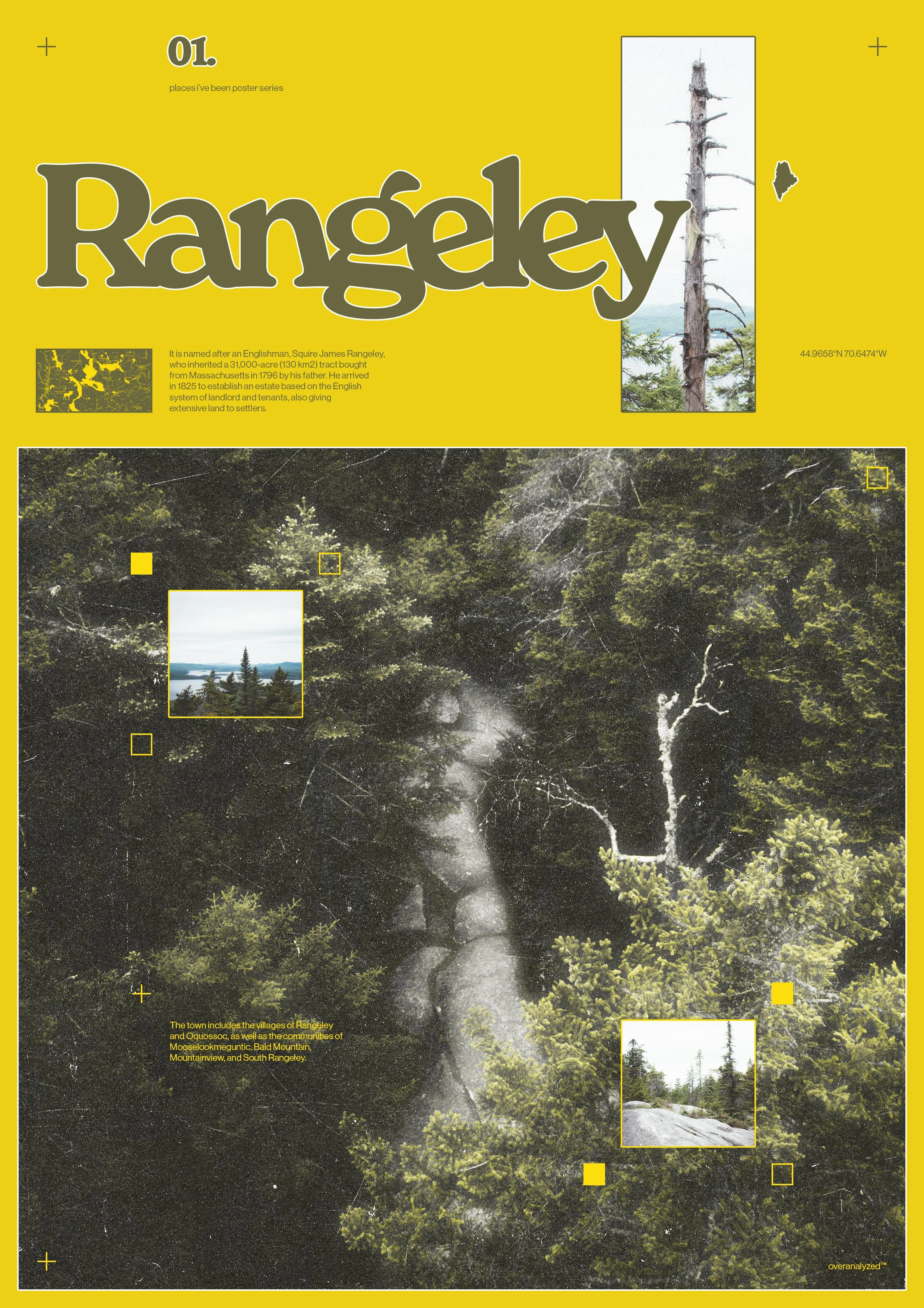 Poster of Rangely town featuring a large yellow background with black and white images of trees and landscape, and infographics including a map, coordinates, and descriptive text about the town's history and surrounding villages.