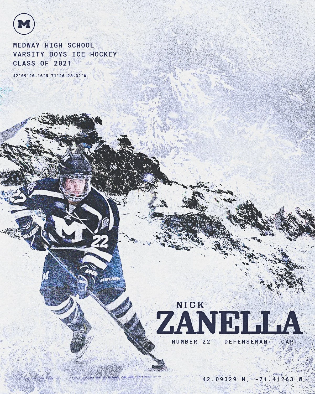 Spectacular snowy mountain landscape with a young male ice hockey player in dark uniform with the number 22, skating on icy terrain, at Medway High School in 2021.