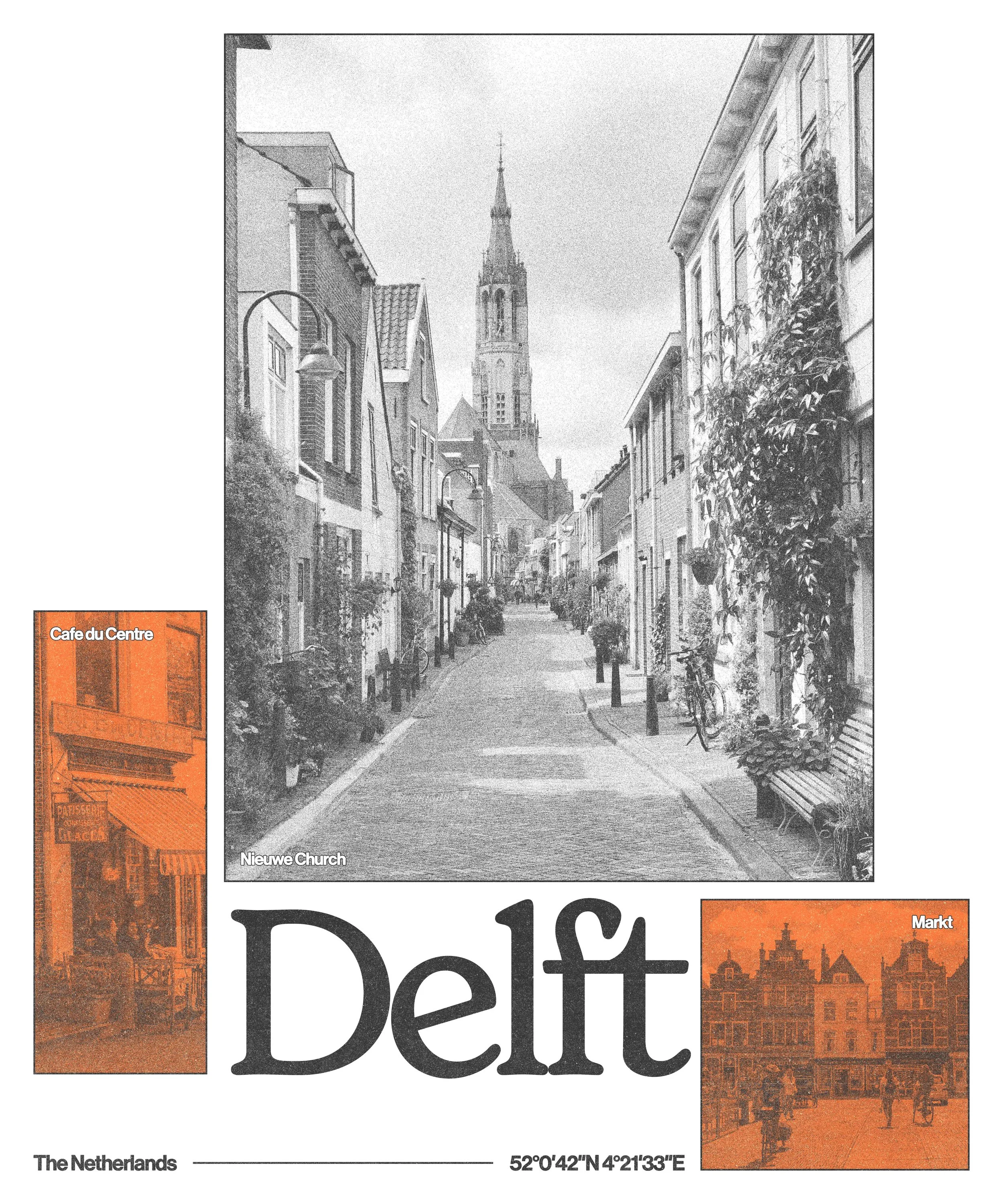 A street view in Delft, Netherlands, with buildings, street lamps, and a church steeple in the background, in black and white. There are two small orange-tinted inset photos of a cafe and a market scene.