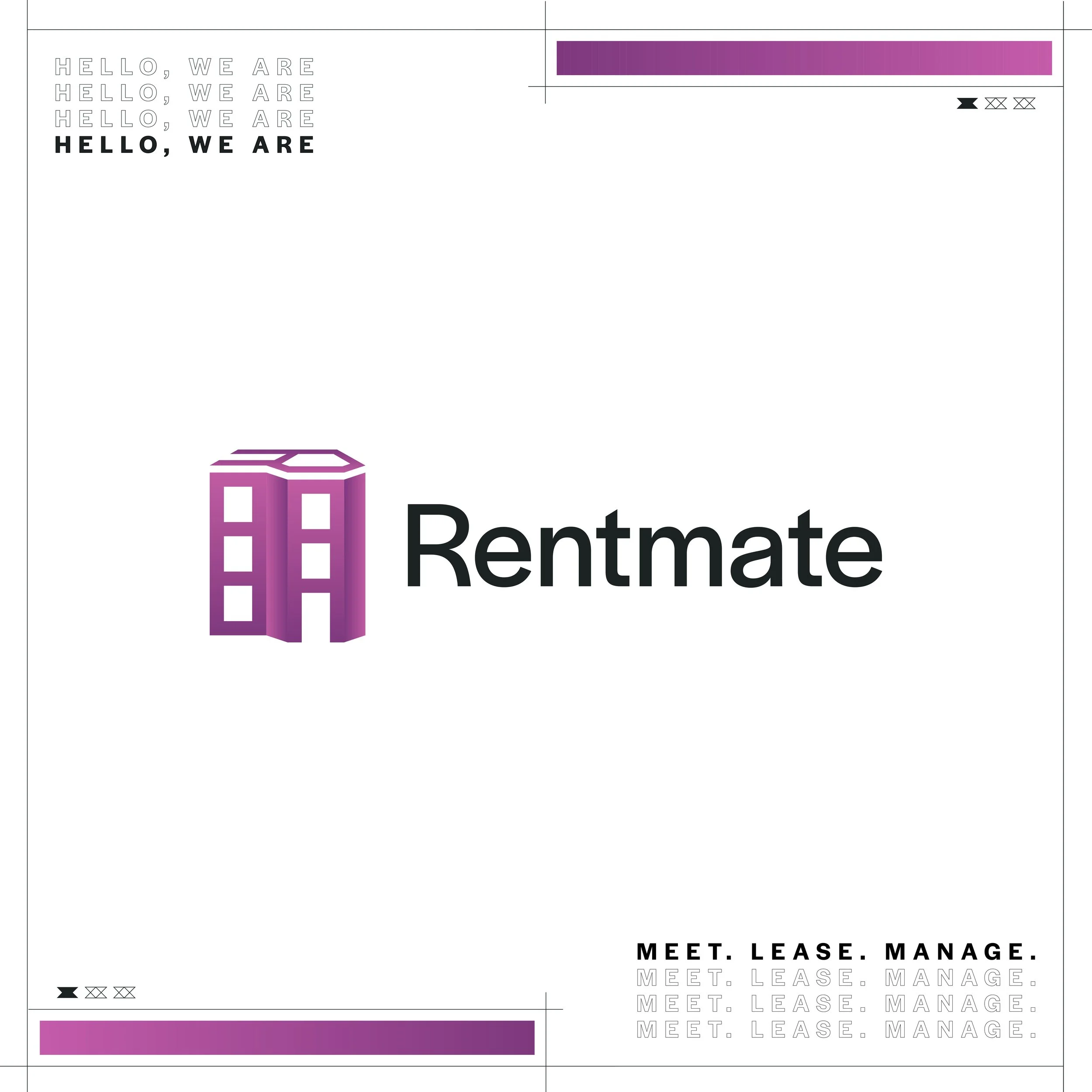 A digital graphic featuring a purple building icon next to the word "Rentmate" with the tagline "Meet. Lease. Manage." in black text.