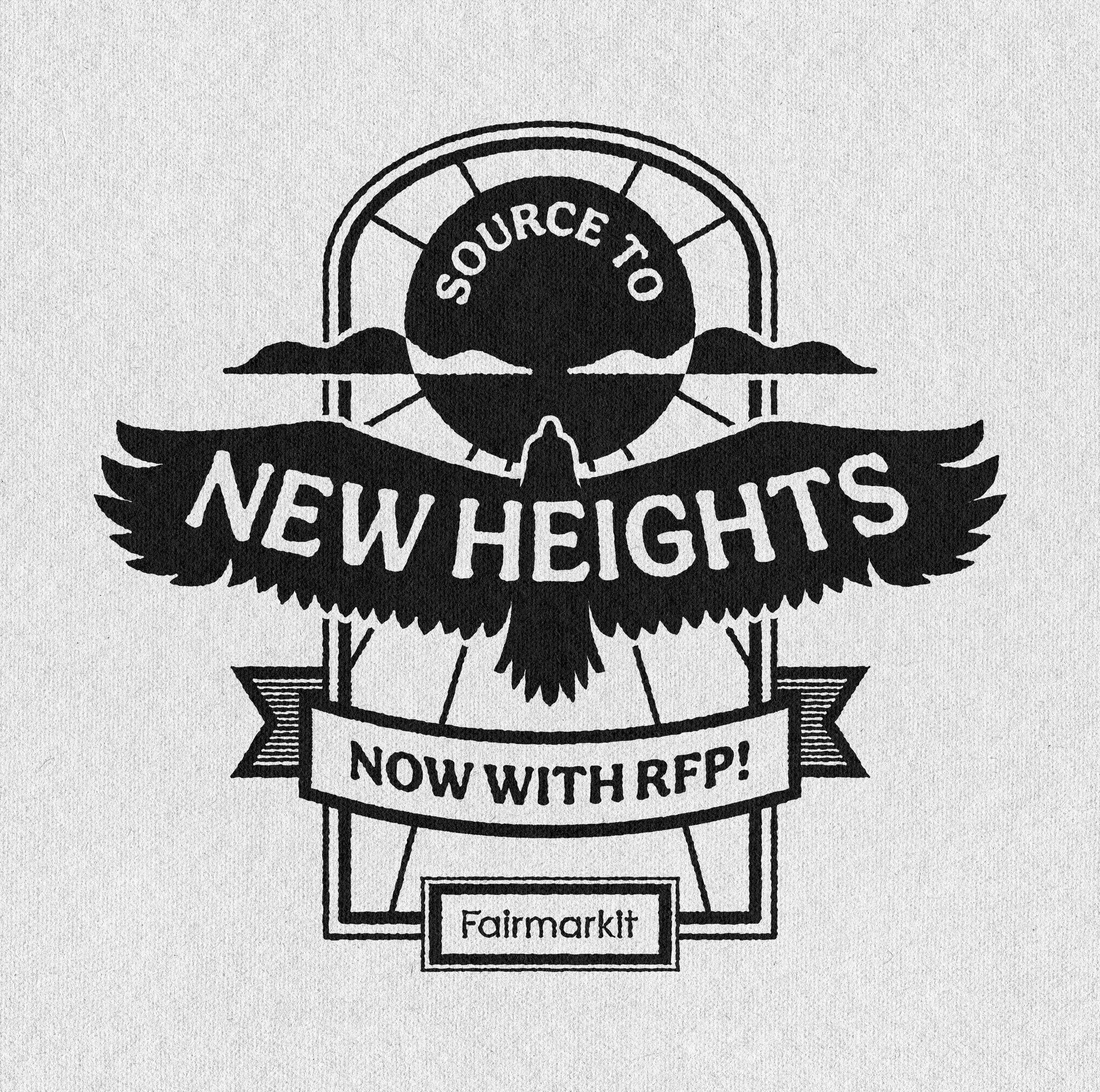 Black and white logo featuring a bird with wings spread wide, with a circular background resembling the sun or moon, and mountains in the background. Text on the logo reads "Source to New Heights" and "Now with RFP!". There is a rectangular label at 