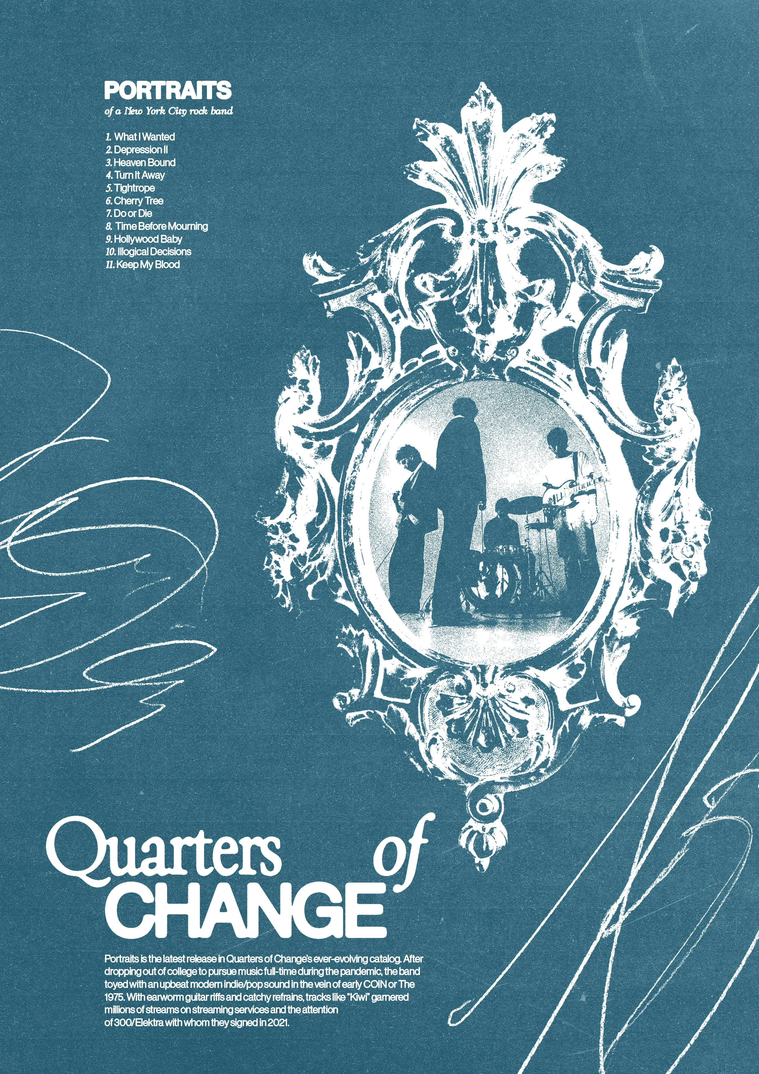 A vintage-style poster for the album "Quarters of Change" by a New York City rock band. The poster features a decorative mirror with a silhouette of a man and woman, and a band playing on a stage reflected in the mirror. The lower left corner include