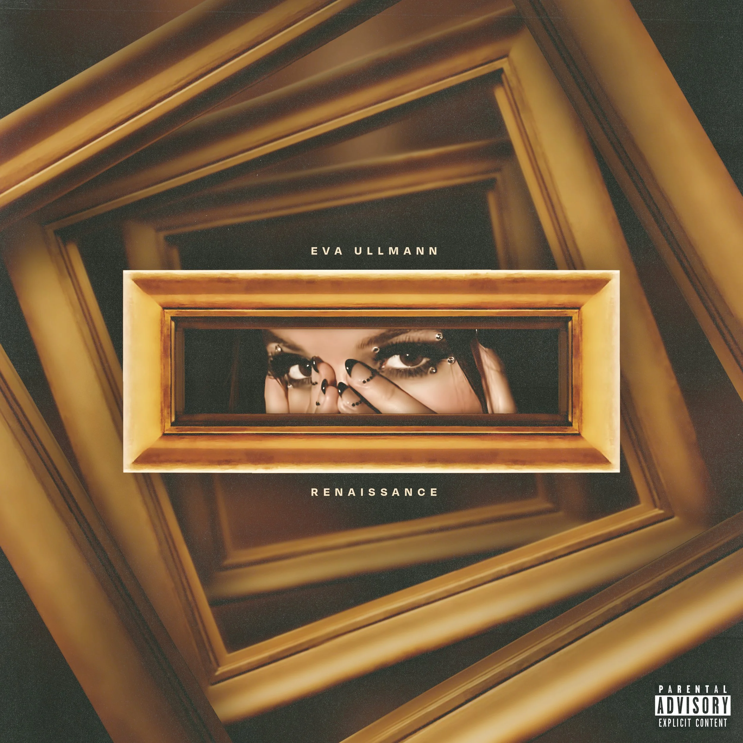 Album cover featuring a woman's eyes and hand with black nail polish peering through a small mirror framed in wood, set against a background of multiple wooden picture frames arranged in a spiral pattern. Text on the cover reads 'Eva Ullmann' at the 