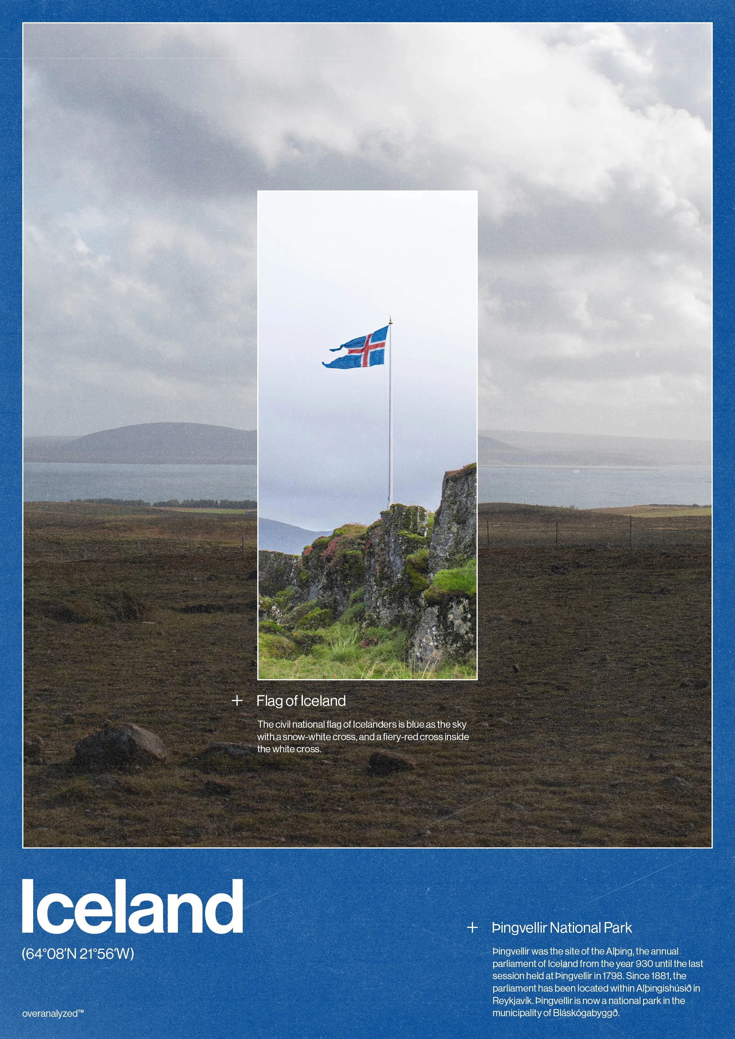 A landscape photo of a rocky hill with green patches, a flagpole with the Icelandic flag flying, and a body of water in the background under a cloudy sky.