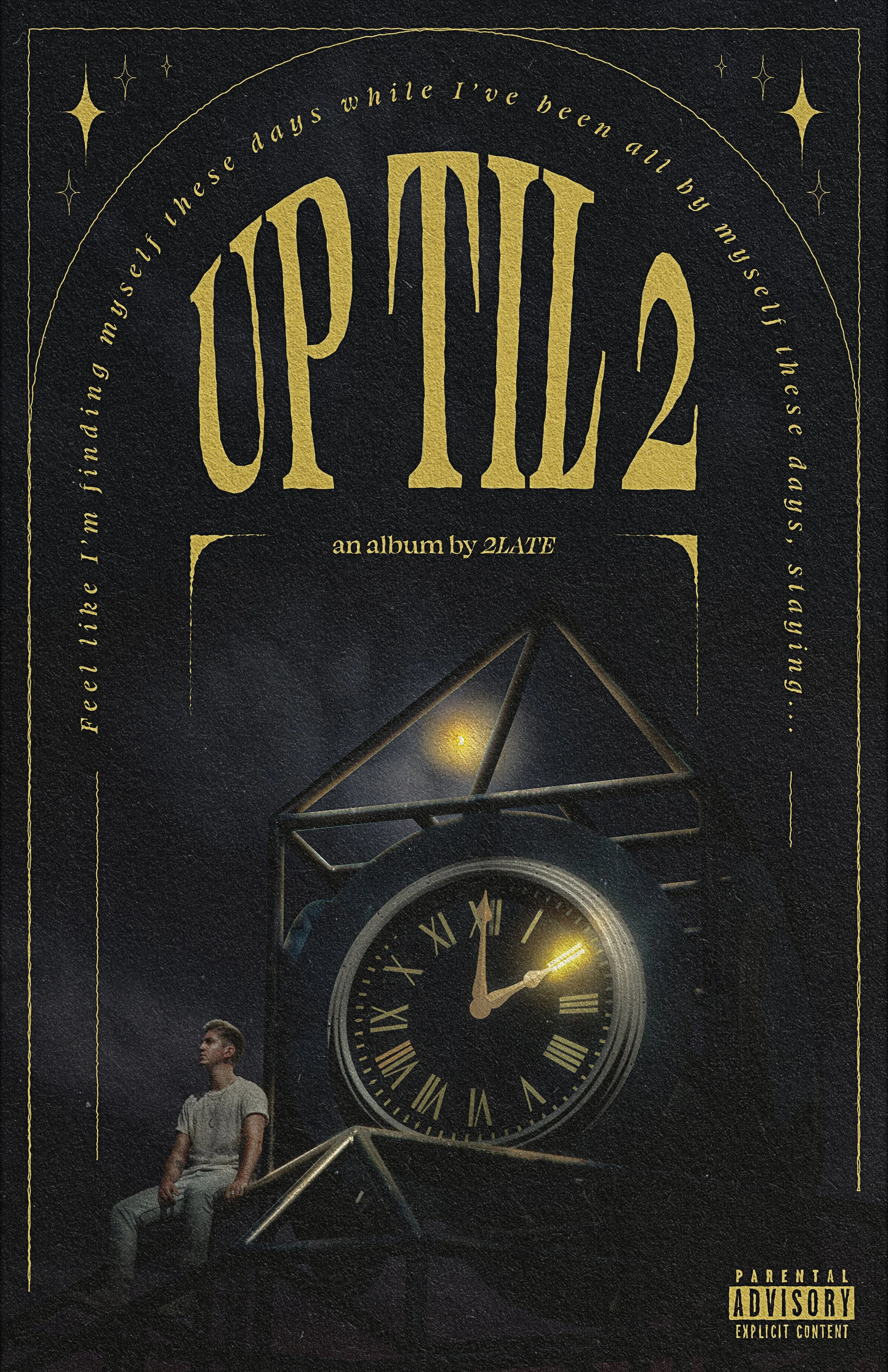 Album cover for "OPTIME 2" by 2LATE, featuring a dark night sky with a large clock and a geometric structure, with a young boy sitting near the bottom left corner.