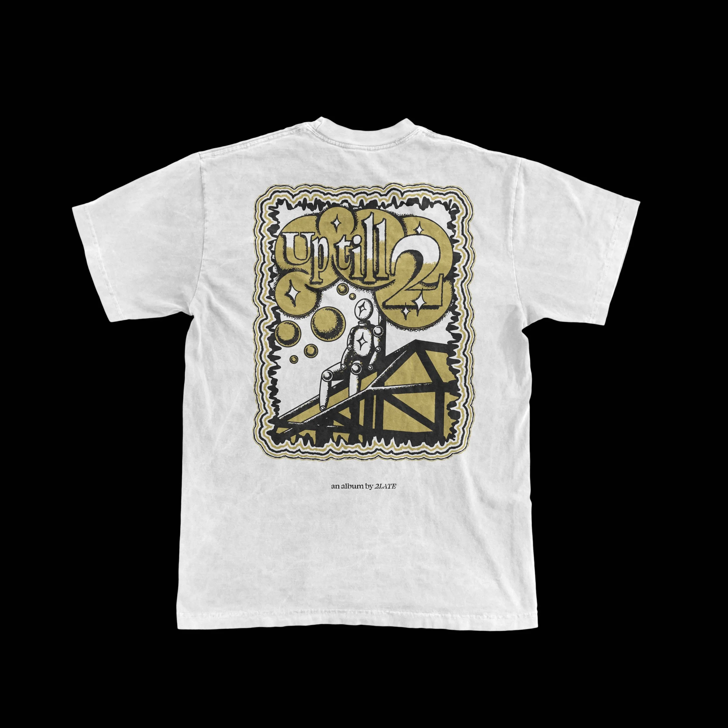 White graphic T-shirt featuring a stylized illustration of a roller coaster with bubbles, surrounded by decorative borders. The text 'Until 2' is prominently displayed at the top, with smaller text below reading 'an album by ZLATE'.