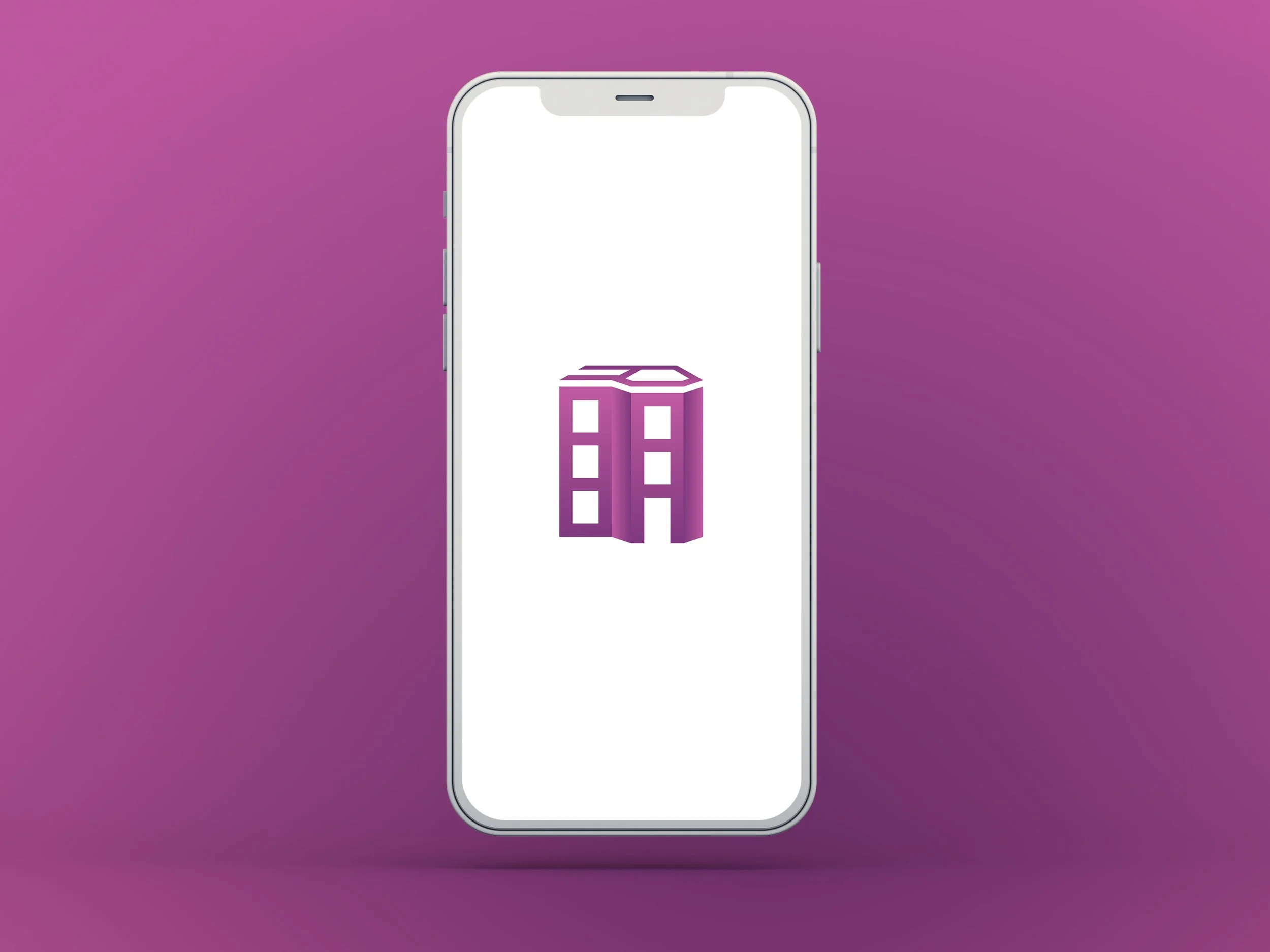 Smartphone with a purple building icon on the screen against a pink gradient background.