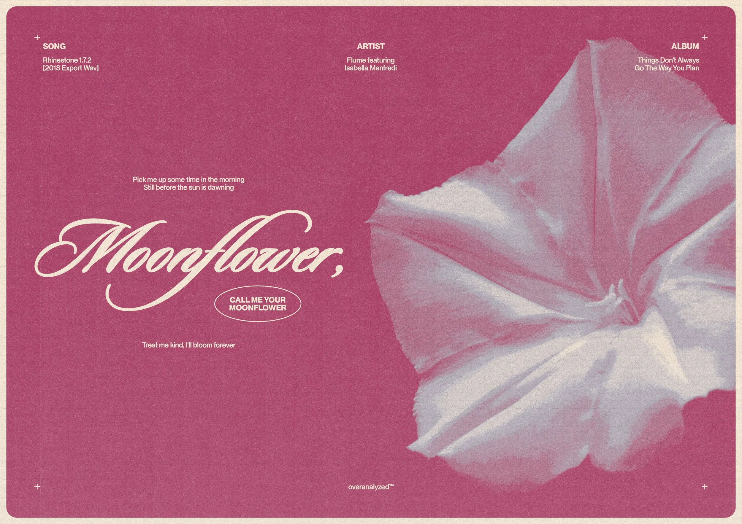 Album cover with a pink background featuring a large, detailed white flower on the right side. The cover includes text about the song 'Moonflower,' artist 'Flume featuring Isabella Manfredi,' and album 'Things Don't Always Go The Way You Plan.'