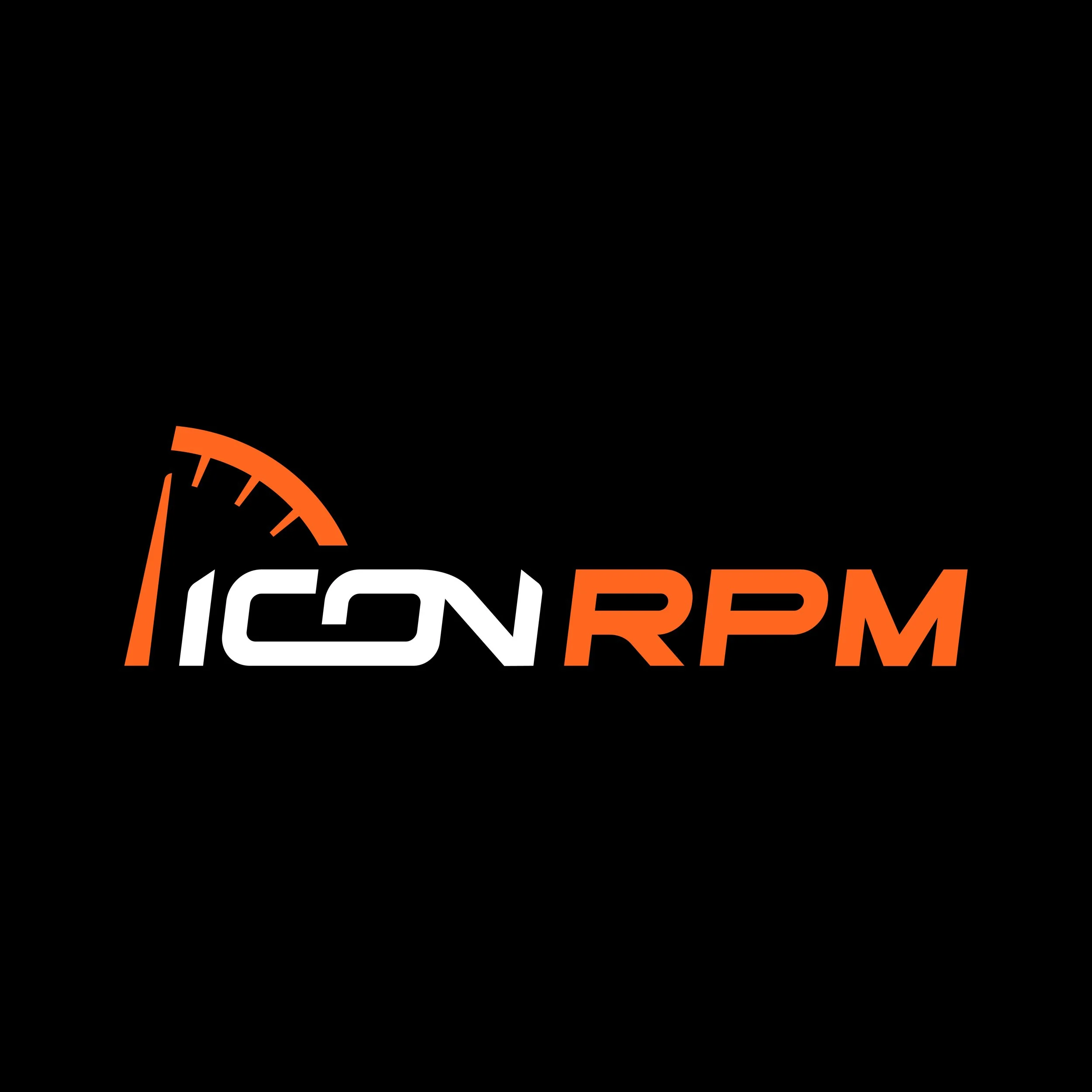 Logo with a speedometer graphic and the text 'ICON RPM' in white and orange on a black background.