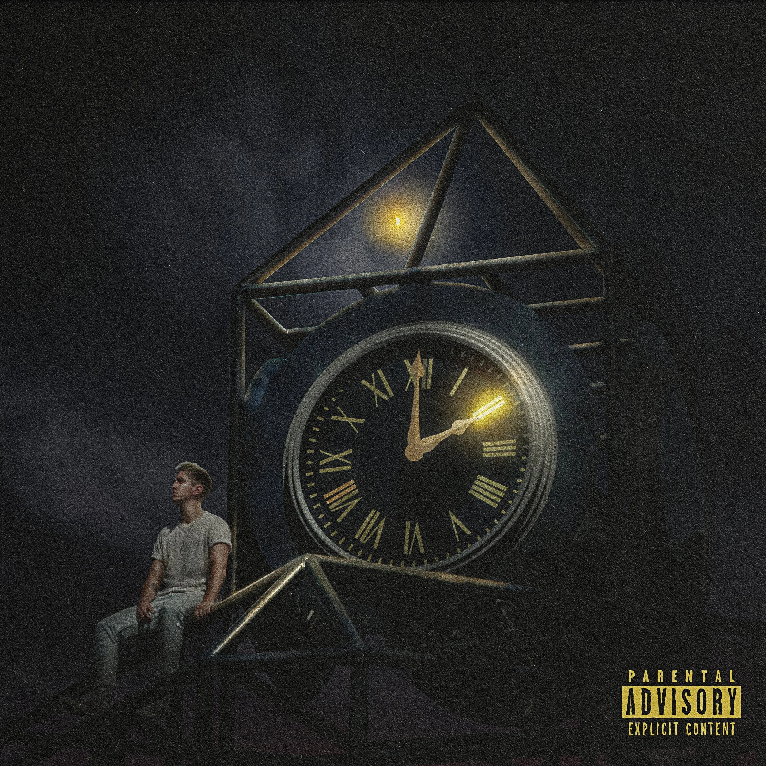 A young man sitting on a structure in front of a large clock showing 11:09, with a dark night sky, a crescent moon, and a glowing yellow light in the background. There is a parental advisory label in the bottom right corner.