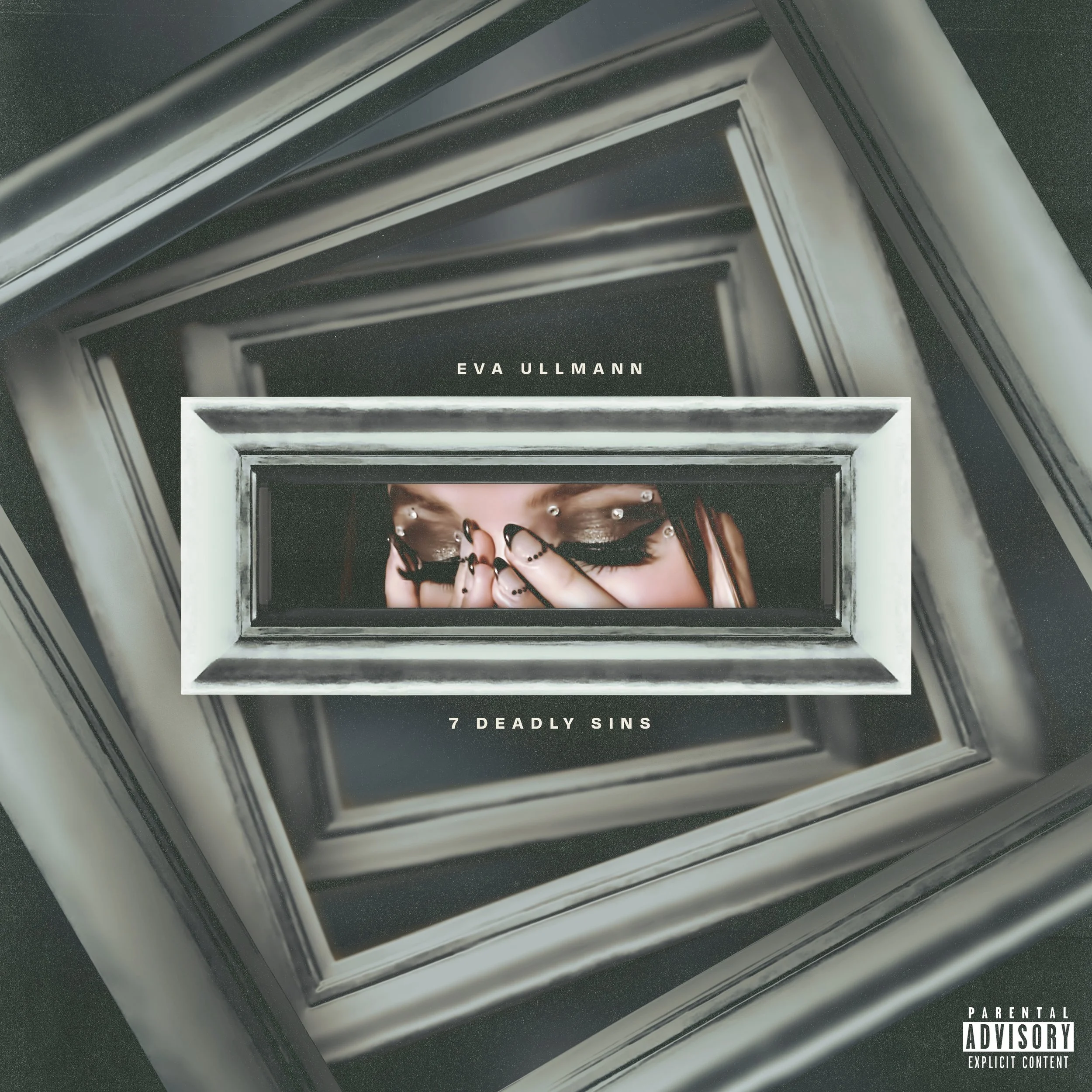 Album cover featuring a woman with dramatic eye makeup and nails, peering through a mirror, with text overlay reading 'Eva Ullmann' and '7 Deadly Sins'. Parental advisory label in bottom right corner.