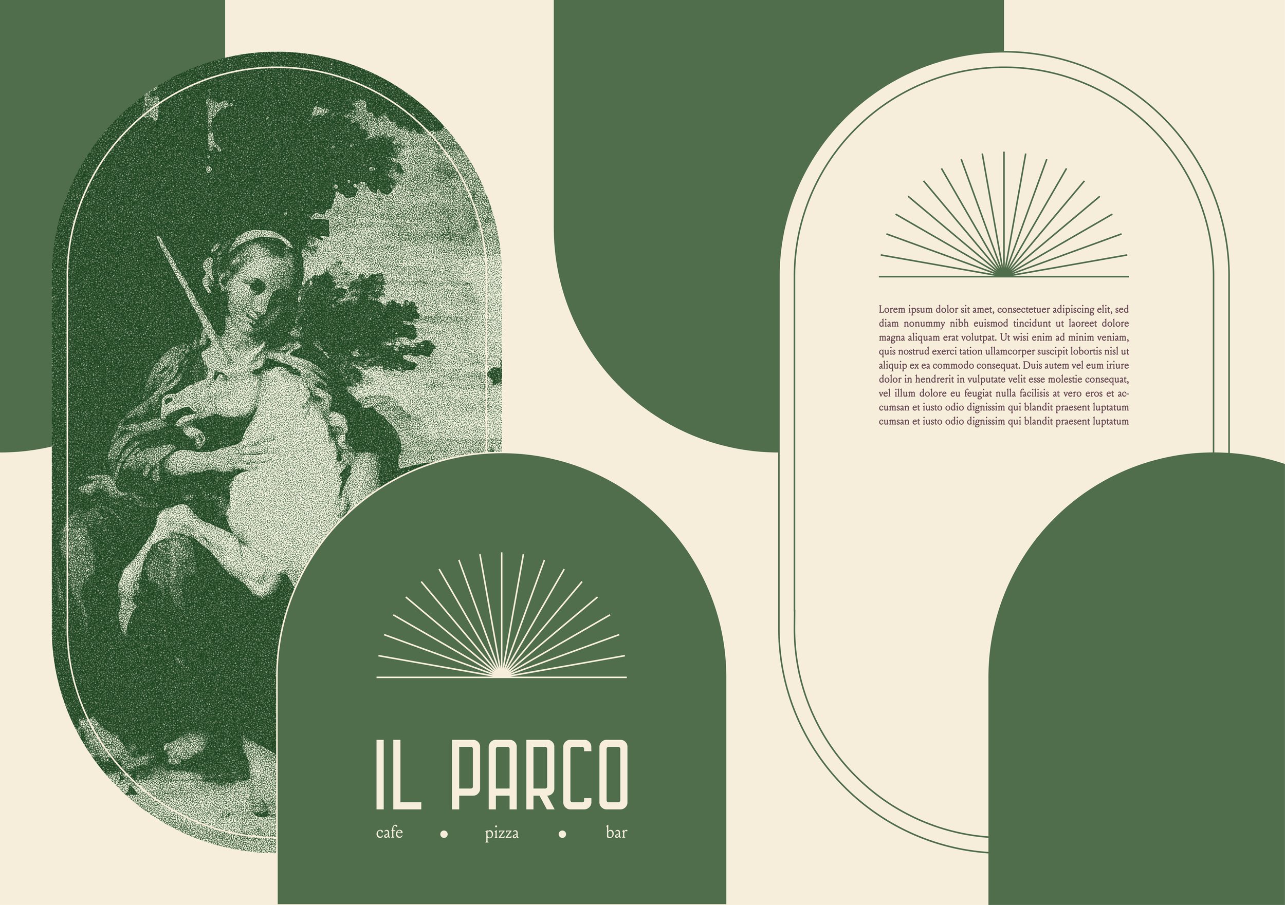 A graphic design layout in green and cream tones promoting "Il Parco," a cafe, pizzeria, and bar. The left side features a stylized, pixelated image of a person holding a dog inside an arched frame. The right side contains placeholder text, a minimal