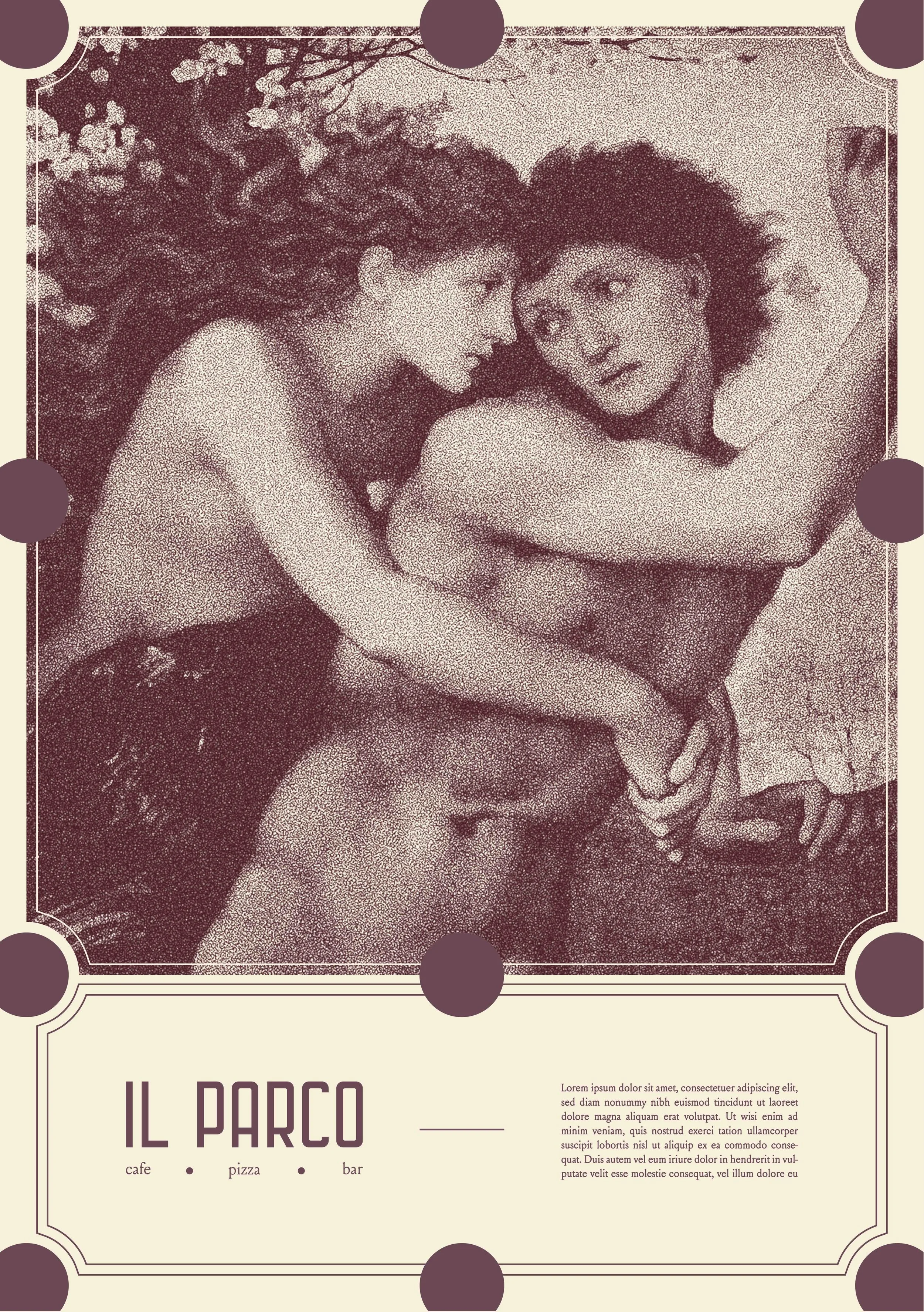 A vintage-styled poster featuring a grainy, black-and-white photo of two women lying closely together, with one woman with curly hair and the other with straight hair. The photo is decorated with a beige border with purple circles at each corner and 