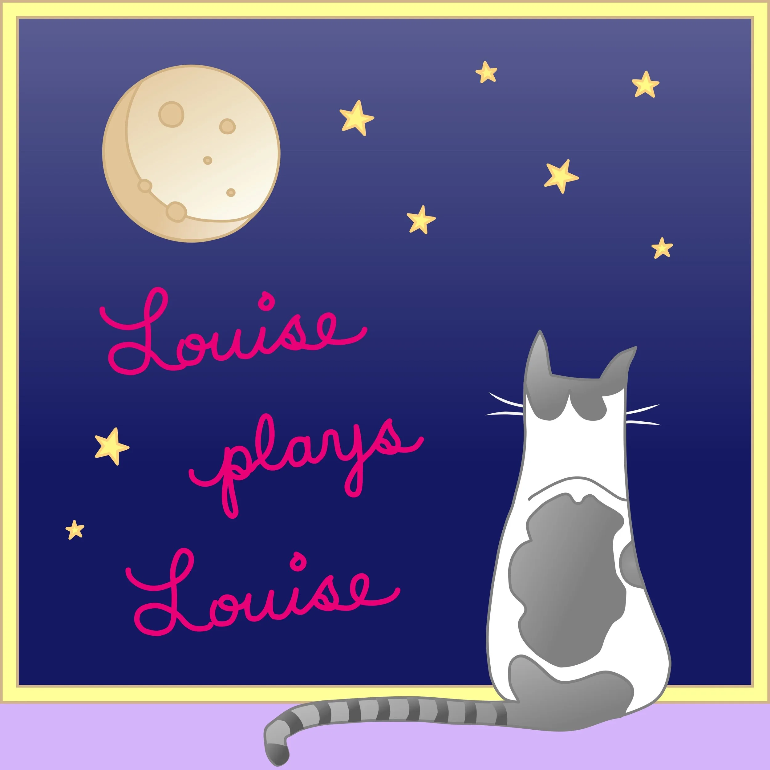 Illustration of a gray and white cat sitting outdoors at night, gazing at a bright full moon and stars in the sky, with the words "Louise plays Louise" written in pink.
