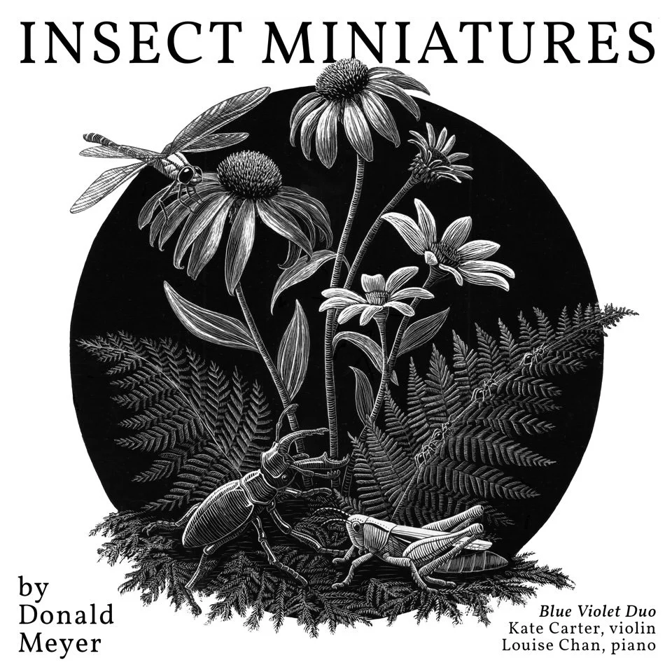 Cover of a book titled 'Insect Miniatures' by Donald Meyer, featuring black-and-white illustrations of insects and flowers on a dark circular background.