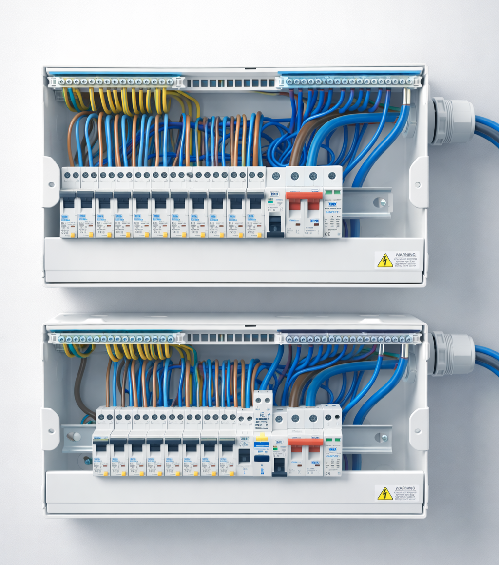 Two electrical breaker panels with circuit breakers and wiring.