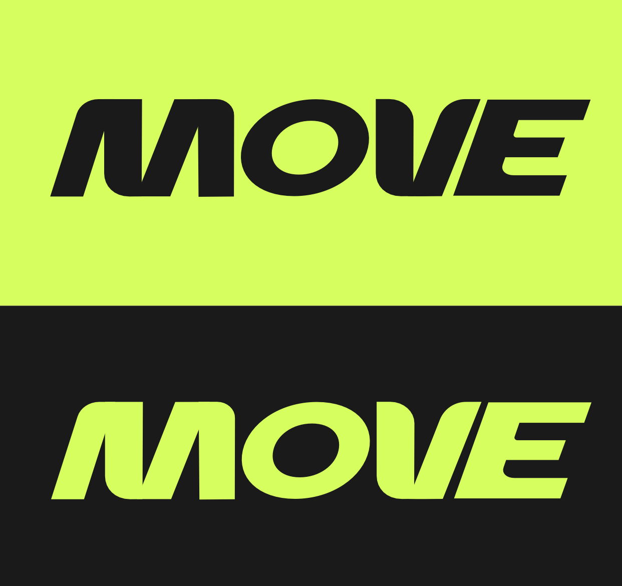 Two identical words 'MOVE' written in bold, uppercase letters, with one in black on a lime green background and the other in lime green on a black background, arranged in a mirrored, upside-down pattern.