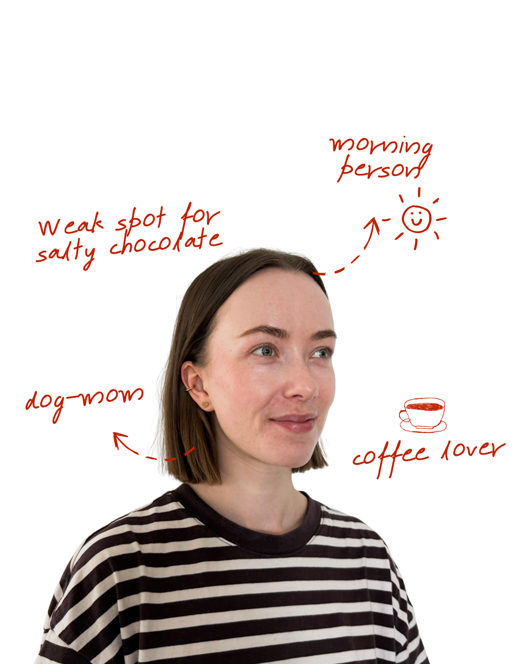 A woman with shoulder-length brown hair, wearing a black and white striped shirt, looking slightly to the right with a slight smile.