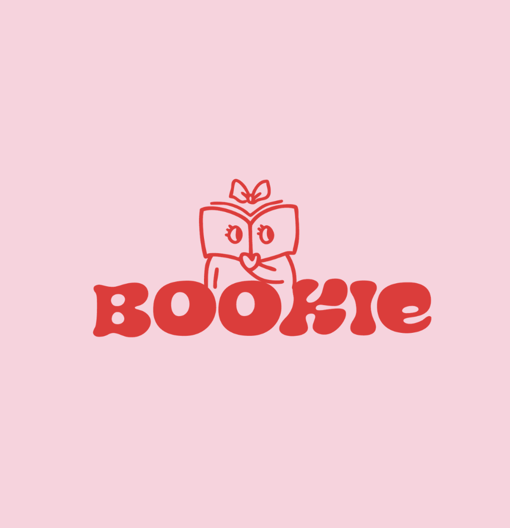 Pink background with a red cartoon-style logo of a book character with eyes, a bow, and a hand on its face, and the word 'BOOKIE' in large red rounded letters.