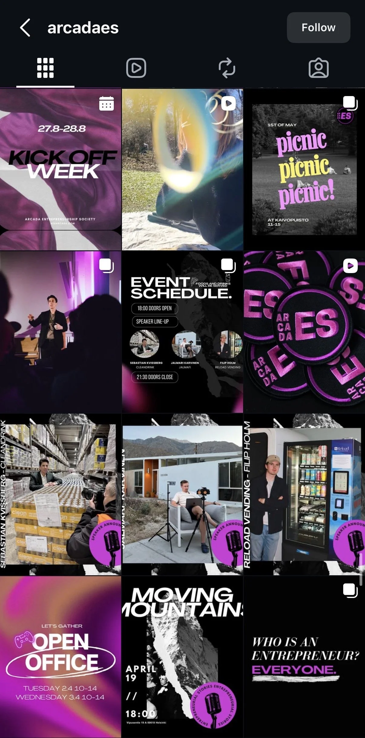 A collage of social media posts and event advertisements, including a flyer for Kick Off Week, a person reading a phone, a picnic announcement, a speaker at an event, an event schedule, conference badges, a photo shoot setup, a vending machine, a per