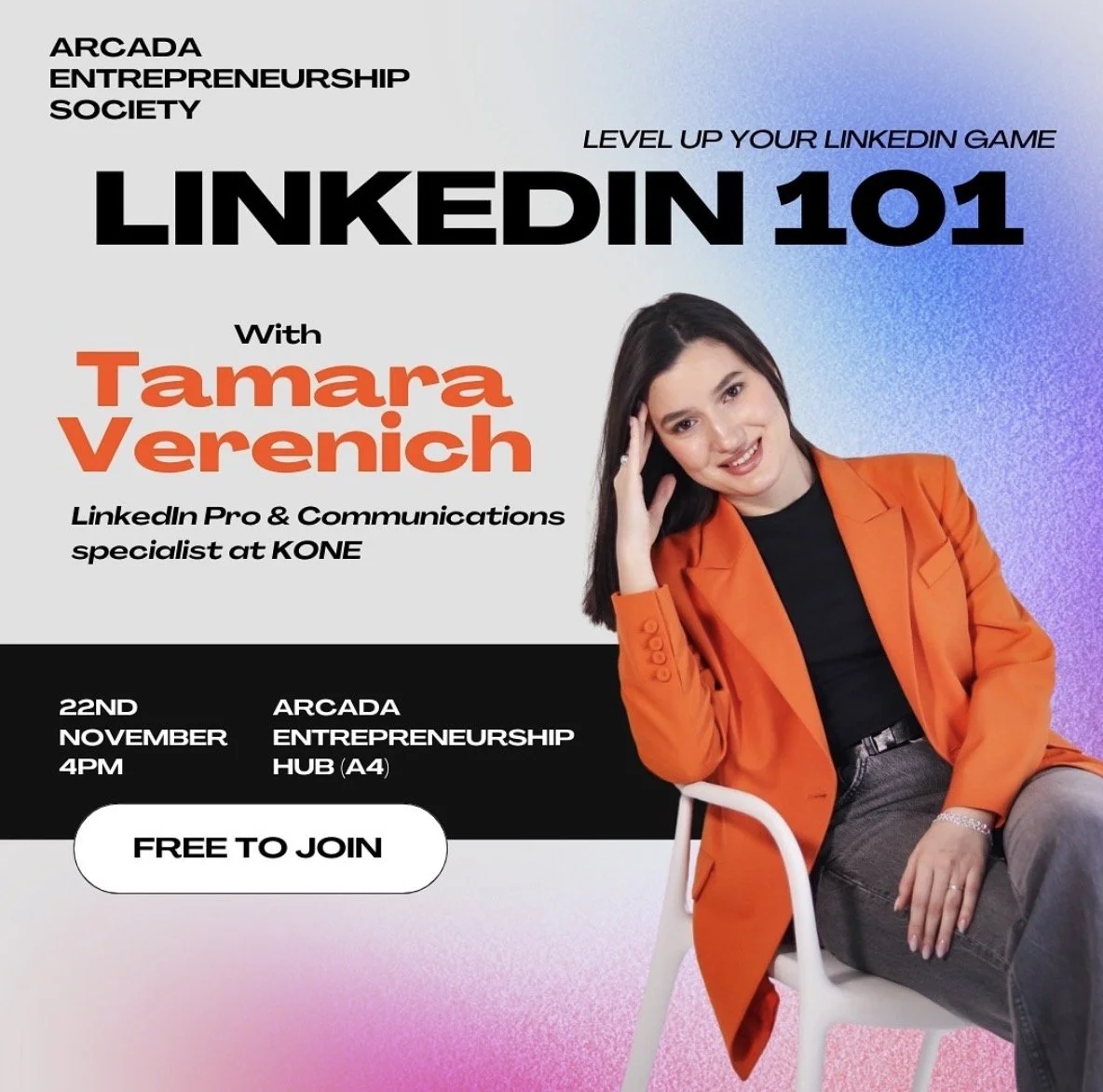 Promotional flyer for a LinkedIn workshop featuring Tamara Verenich, with event details including date, time, location, and free participation, showing a woman in an orange blazer sitting on a white chair, smiling with her hand on her head.