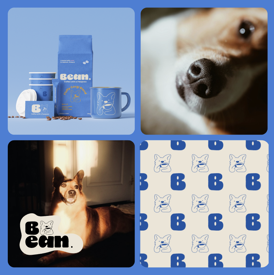 Collage of four images: a blue coffee package with a mug and coffee cups labeled "Bean" and "Fluffy Corgi Blend"; a close-up of a dog's nose; a photo of a dog lying on the floor with a sticker of a dog's face and "Bean" text; and a repeating pattern of the dog's face and the letter "B" in blue on a beige background.