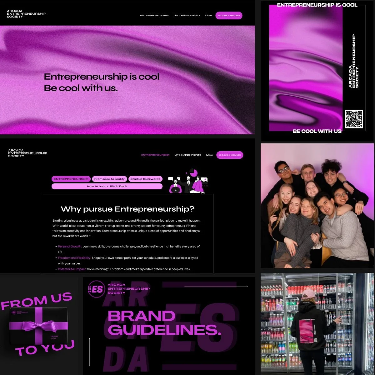 Multiple images promoting Arcada Entrepreneurship Society with purple-themed graphics, a group of diverse young people smiling in a studio, and a person shopping in a grocery store aisle filled with beverages.