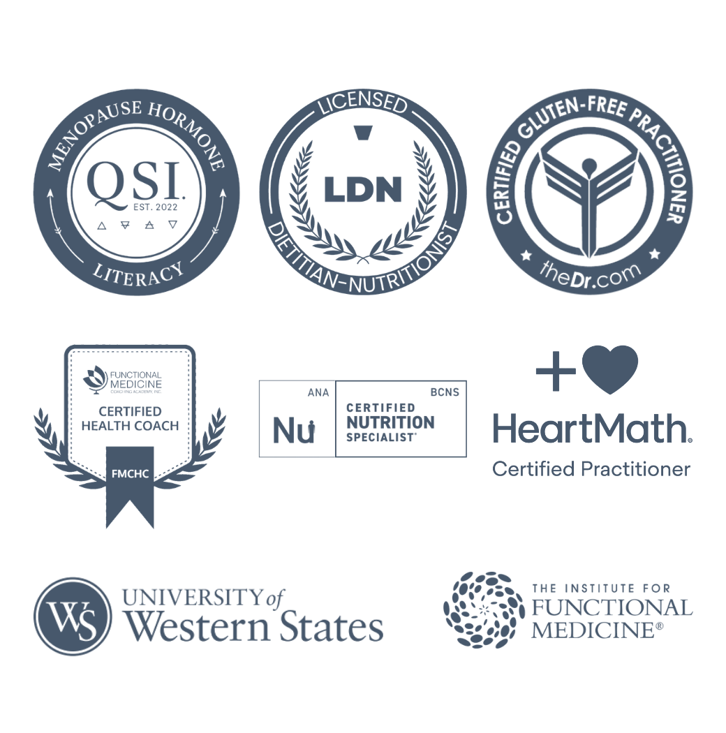 Certification logos, badges related to health, nutrition, and functional medicine. Hormone certified, LDN, CNS, gluten-free practitioner, HeartMath practitioner, University of Western States master's with The Institute for Functional Medicine (IFM).