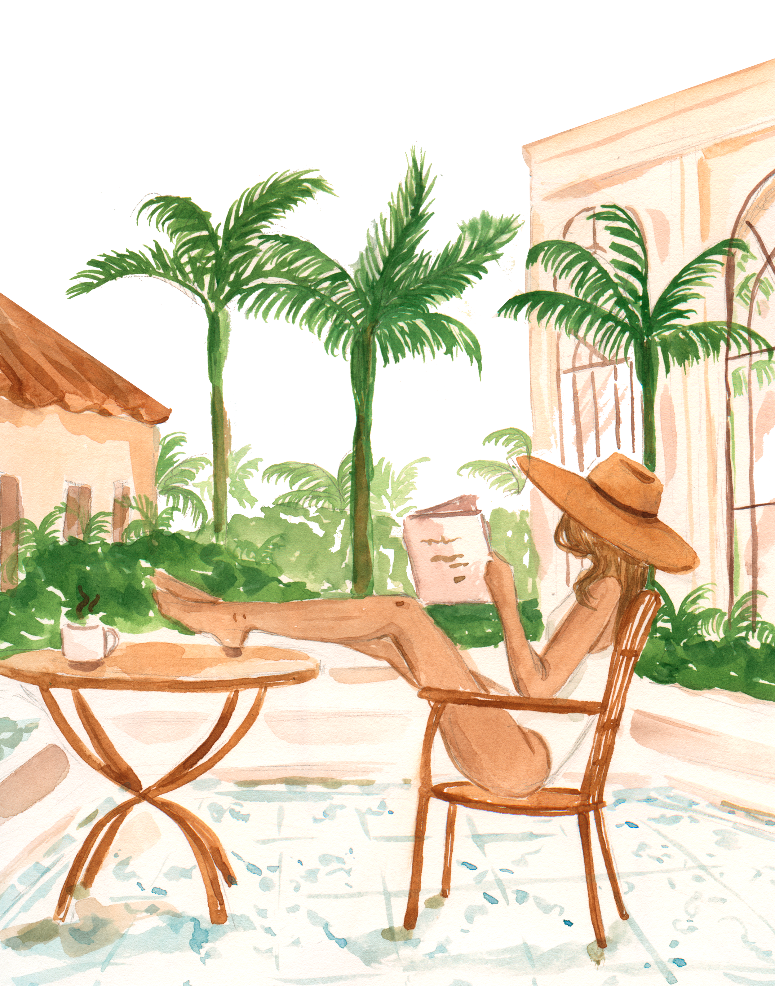 A woman in a wide-brimmed hat sitting outdoors reading a book, surrounded by palm trees and greenery, with a tiled building in the background.